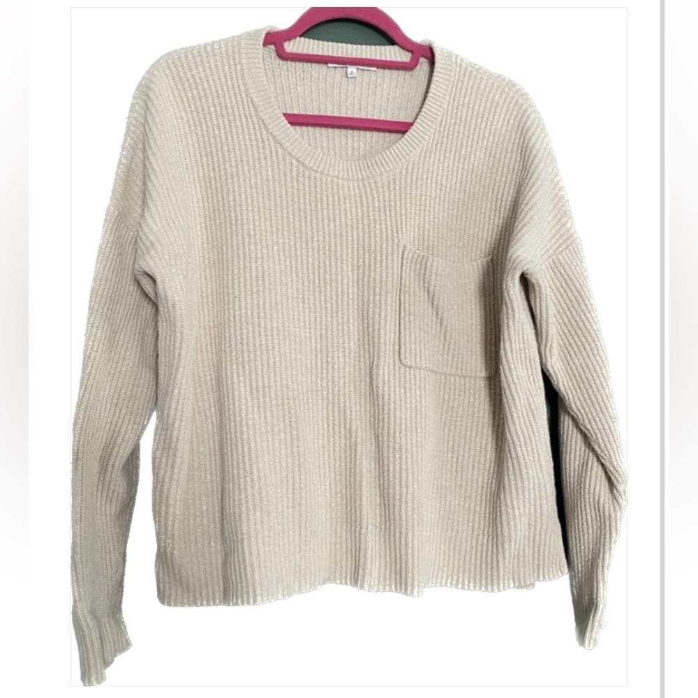 Madewell- cotton blend crewneck boxy fit cream beige ribbed sweater front pocket